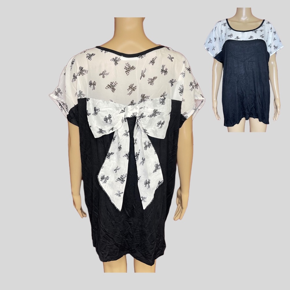 Minimi Black and White Sheer Chiffon Bow Blouse Size 2X